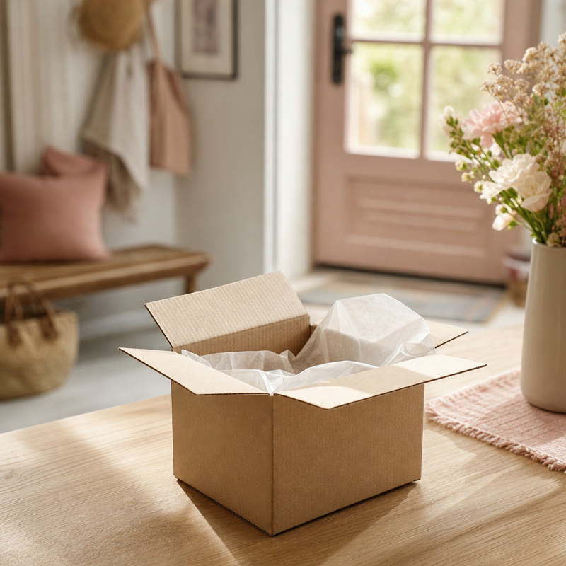 Caja del pedido recién abierta en casa